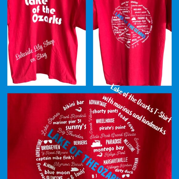 Upcycled Lake of the Ozarks Tee: Red LOZ Graphic T-Shirt, Landmarks & Marinas, L - Picture 16 of 16